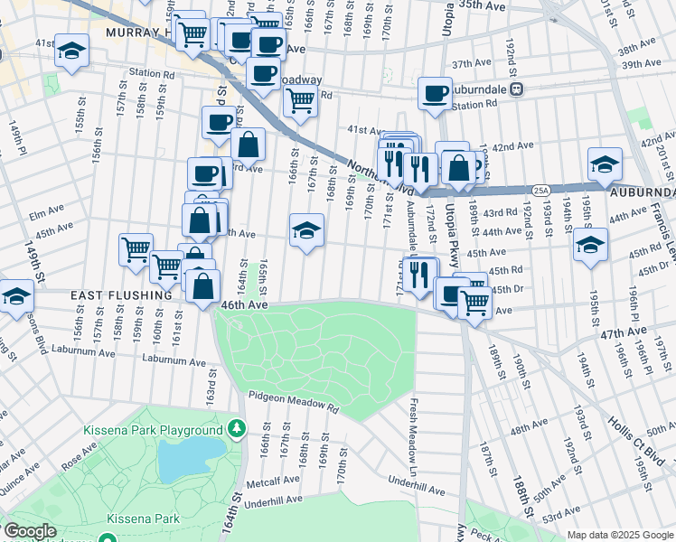 map of restaurants, bars, coffee shops, grocery stores, and more near 45-32 169th Street in Queens