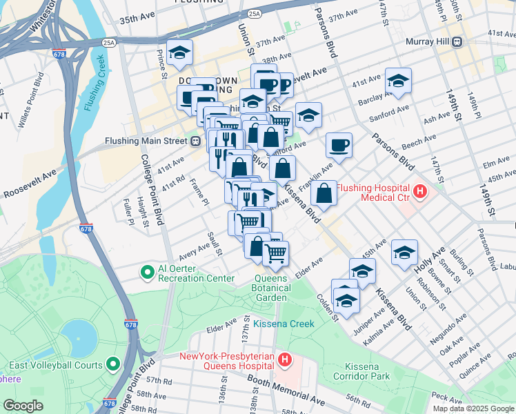 map of restaurants, bars, coffee shops, grocery stores, and more near 137-05 Franklin Avenue in Queens