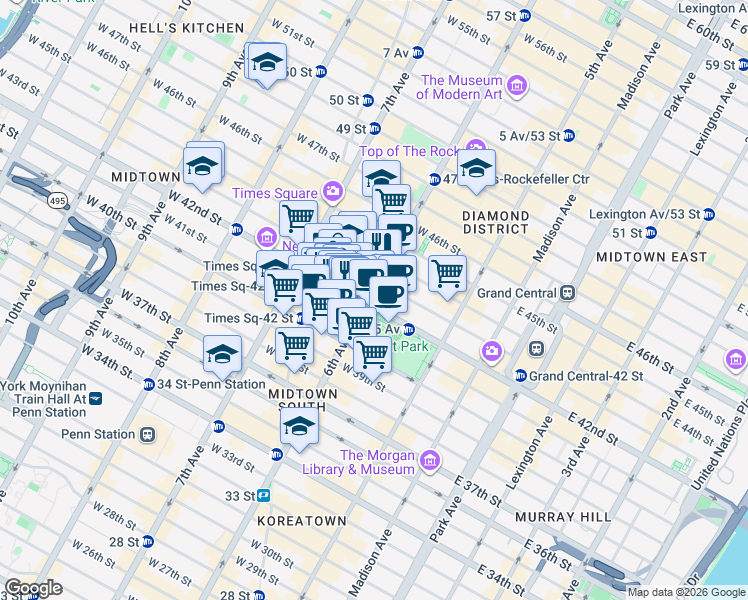 map of restaurants, bars, coffee shops, grocery stores, and more near 1100 6th Avenue in New York