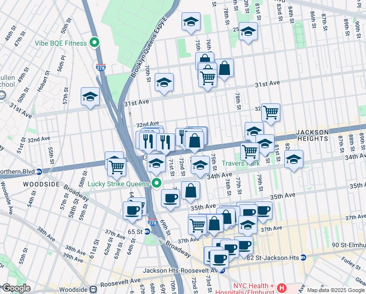 map of restaurants, bars, coffee shops, grocery stores, and more near 72-09 Northern Boulevard in Queens
