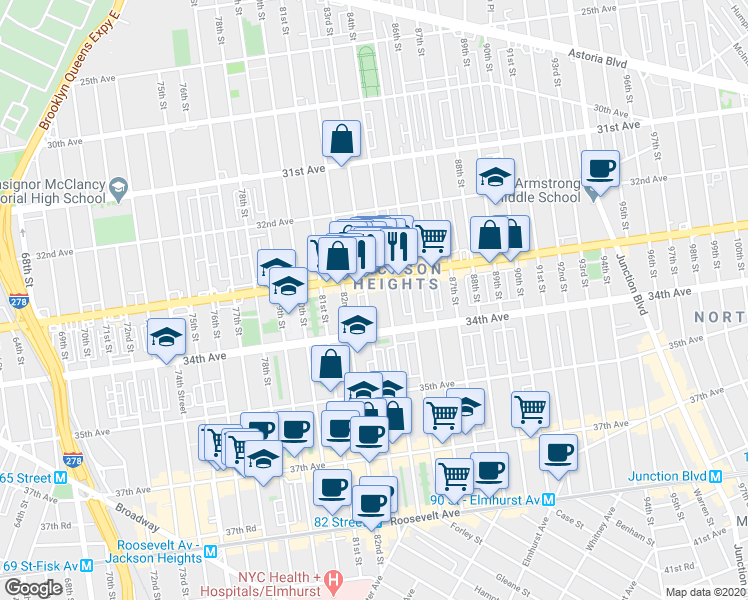 map of restaurants, bars, coffee shops, grocery stores, and more near 33-25 83rd Street in Queens