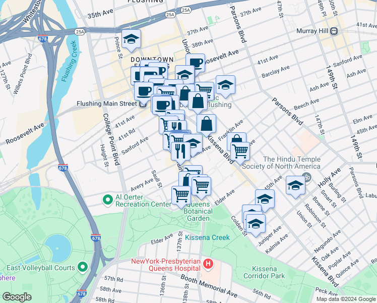 map of restaurants, bars, coffee shops, grocery stores, and more near 137-05 Franklin Avenue in Queens