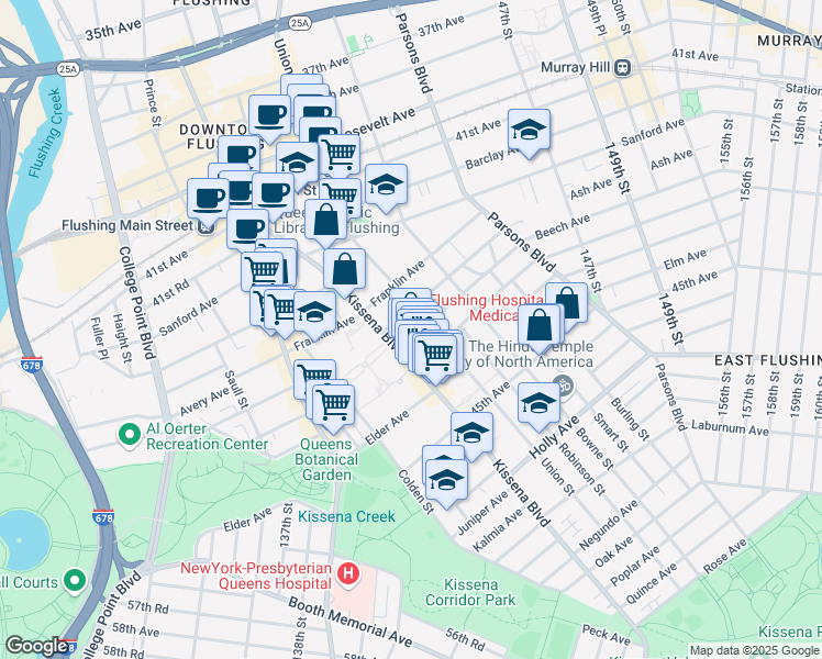 map of restaurants, bars, coffee shops, grocery stores, and more near 140-19 Beech Avenue in Queens