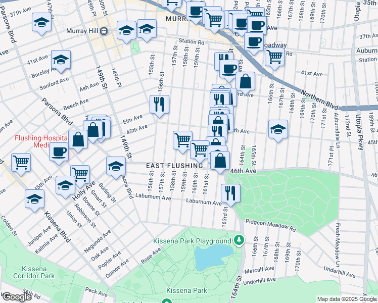 map of restaurants, bars, coffee shops, grocery stores, and more near 45-59 159th Street in Queens