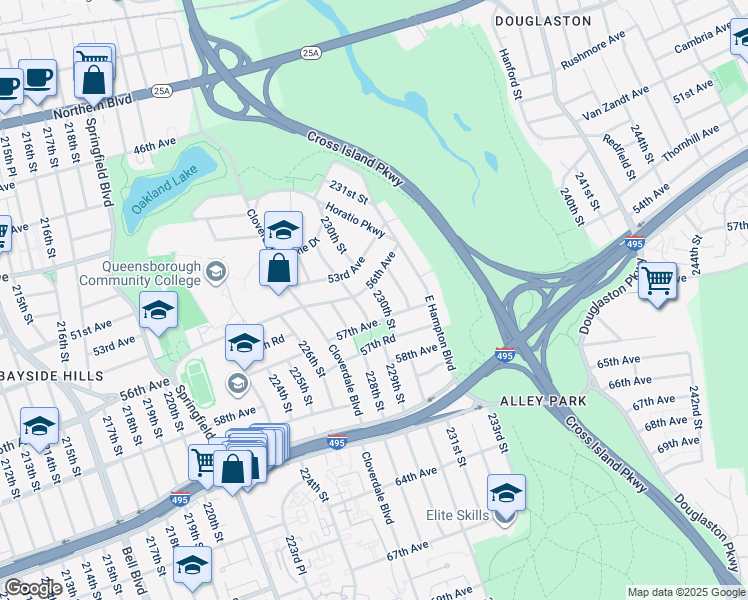 map of restaurants, bars, coffee shops, grocery stores, and more near 56-12 230th Street in Queens