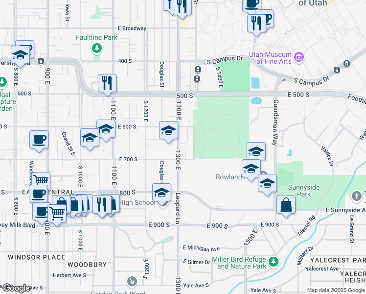 map of restaurants, bars, coffee shops, grocery stores, and more near 653 South 1300 East in Salt Lake City