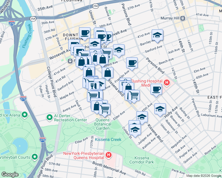 map of restaurants, bars, coffee shops, grocery stores, and more near 138-10 Franklin Avenue in Queens
