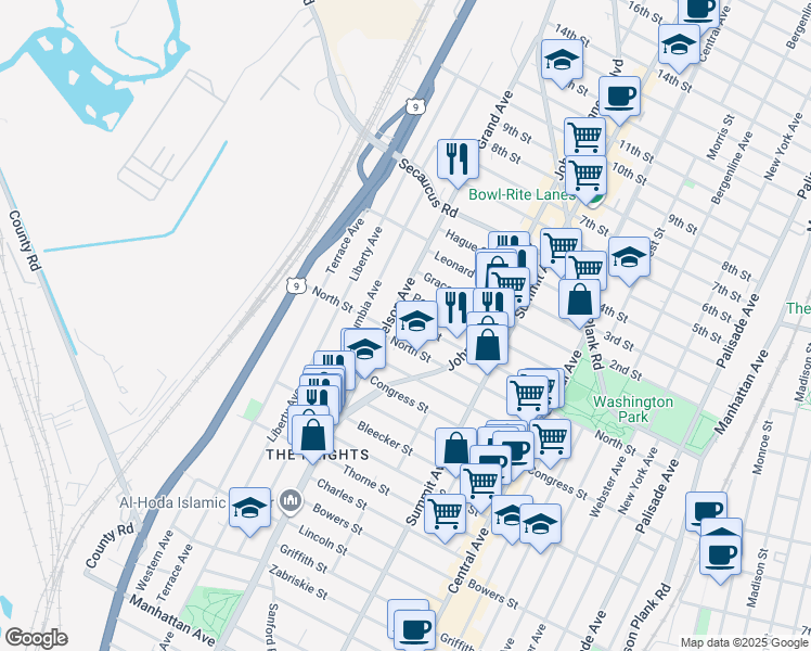 map of restaurants, bars, coffee shops, grocery stores, and more near 131 Irving Street in Jersey City