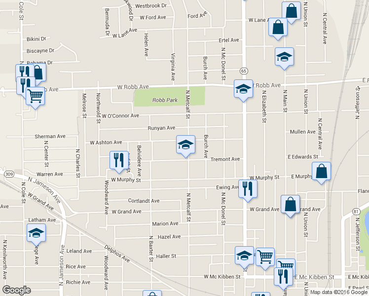 map of restaurants, bars, coffee shops, grocery stores, and more near 1287 North Metcalf Street in Lima