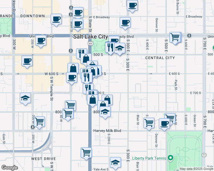map of restaurants, bars, coffee shops, grocery stores, and more near 660 South 200 East in Salt Lake City