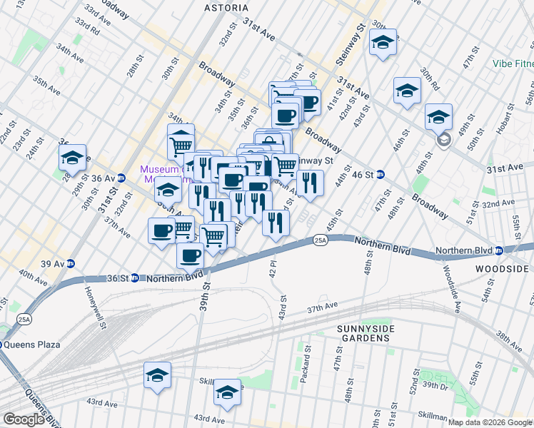map of restaurants, bars, coffee shops, grocery stores, and more near 34-51 41st Street in Queens