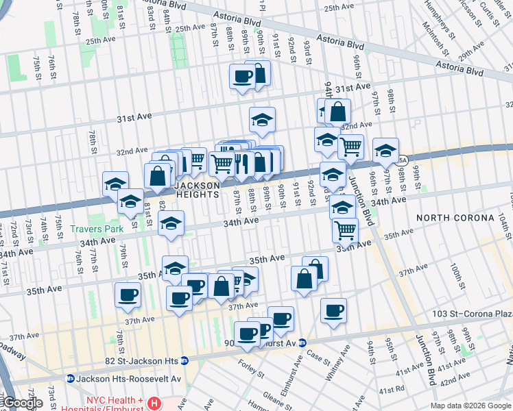 map of restaurants, bars, coffee shops, grocery stores, and more near 33-41 88th Street in Queens