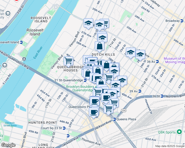 map of restaurants, bars, coffee shops, grocery stores, and more near 40-05 21st Street in Queens