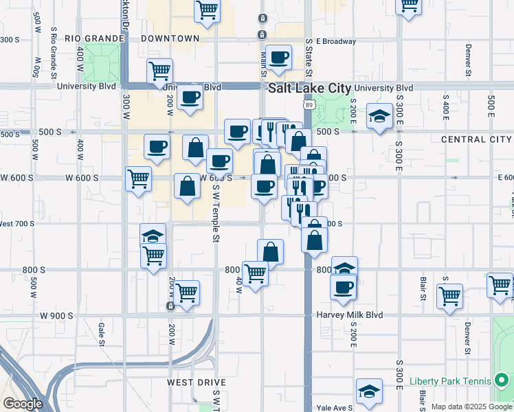map of restaurants, bars, coffee shops, grocery stores, and more near 650 South Main Street in Salt Lake City