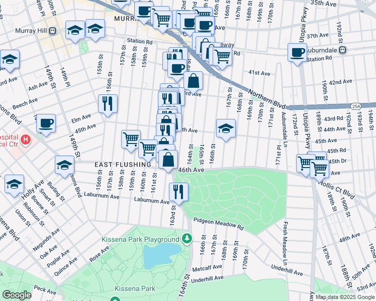 map of restaurants, bars, coffee shops, grocery stores, and more near 4548 164th Street in Queens