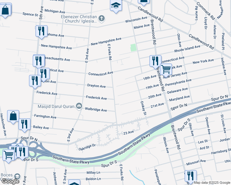 map of restaurants, bars, coffee shops, grocery stores, and more near 1593 East Forks Road in Bay Shore