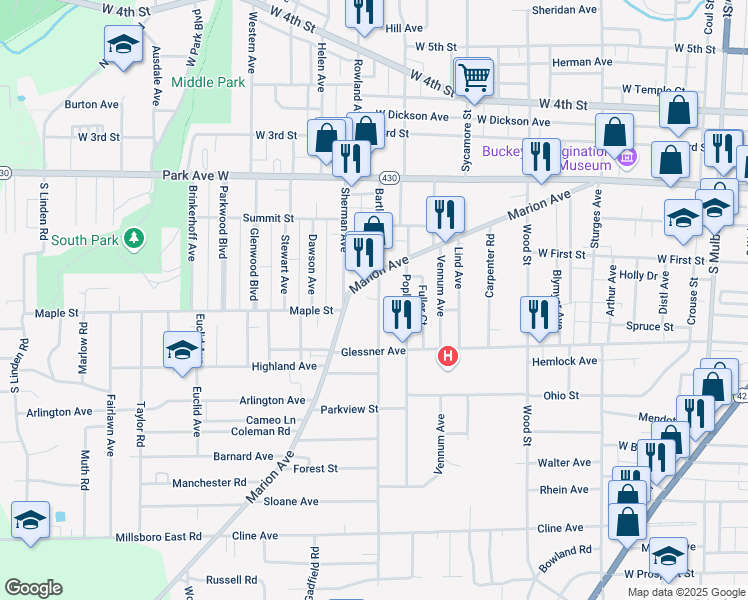 map of restaurants, bars, coffee shops, grocery stores, and more near 142 Bartley Avenue in Mansfield