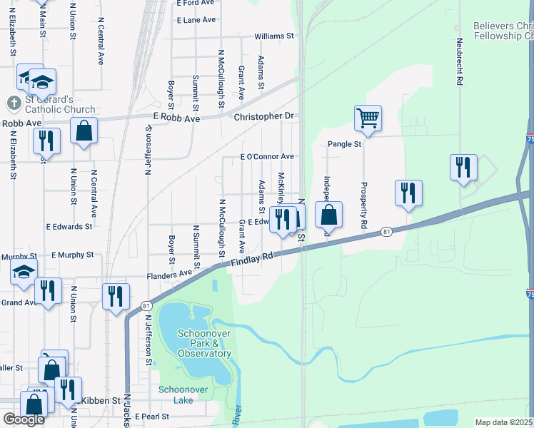 map of restaurants, bars, coffee shops, grocery stores, and more near 1104 Adams Street in Lima
