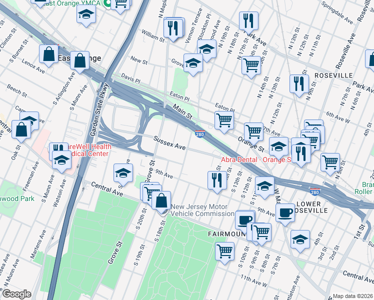map of restaurants, bars, coffee shops, grocery stores, and more near 58 Steuben Street in East Orange