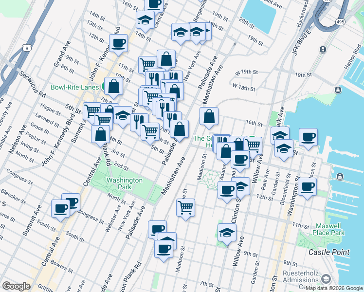 map of restaurants, bars, coffee shops, grocery stores, and more near 600 Palisade Avenue in Union City