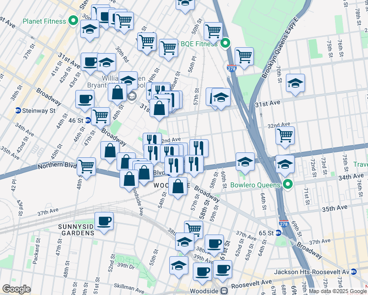 map of restaurants, bars, coffee shops, grocery stores, and more near 32-19 55th Street in Queens