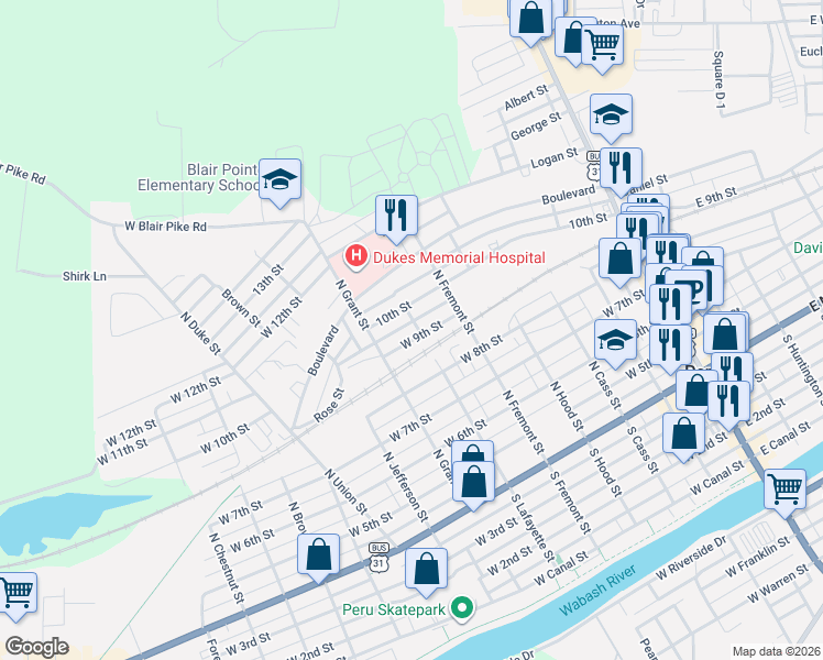 map of restaurants, bars, coffee shops, grocery stores, and more near 250-274 North Lafayette Street in Peru