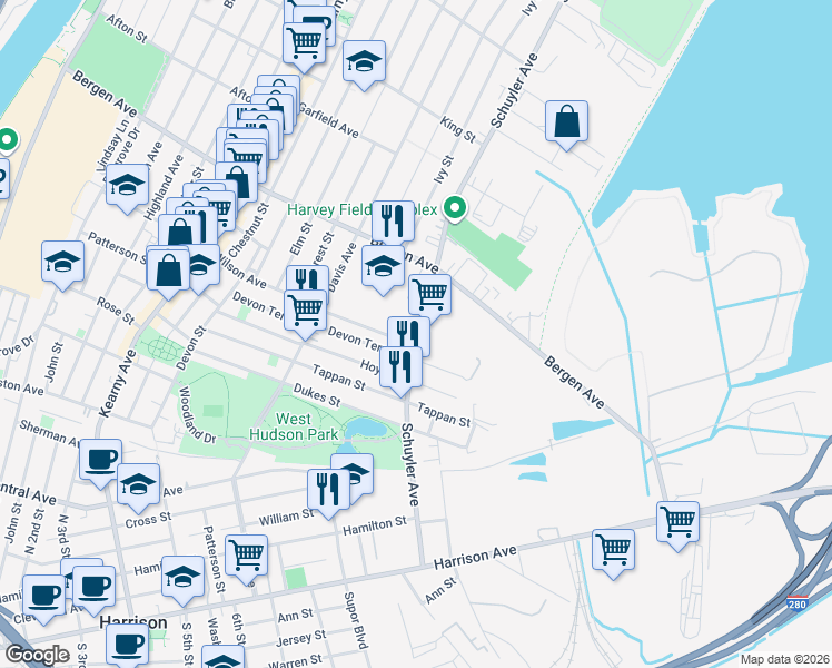 map of restaurants, bars, coffee shops, grocery stores, and more near 175 Schuyler Avenue in Kearny