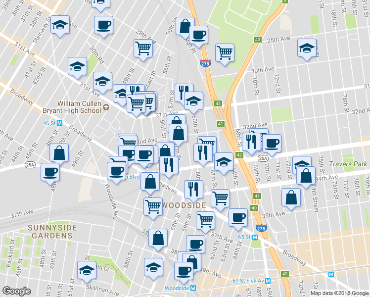 map of restaurants, bars, coffee shops, grocery stores, and more near 32-30 58th Street in Queens