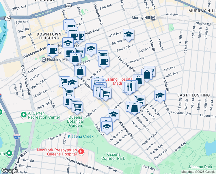 map of restaurants, bars, coffee shops, grocery stores, and more near 141-20 Cherry Avenue in Queens