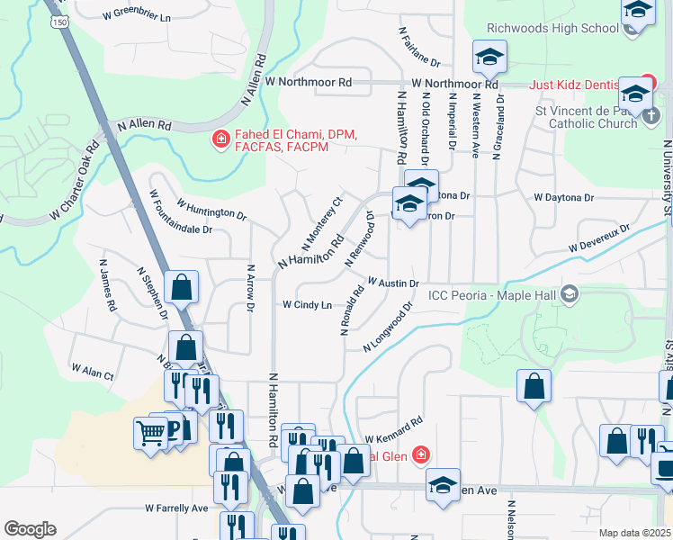 map of restaurants, bars, coffee shops, grocery stores, and more near 5535 North Renwood Avenue in Peoria