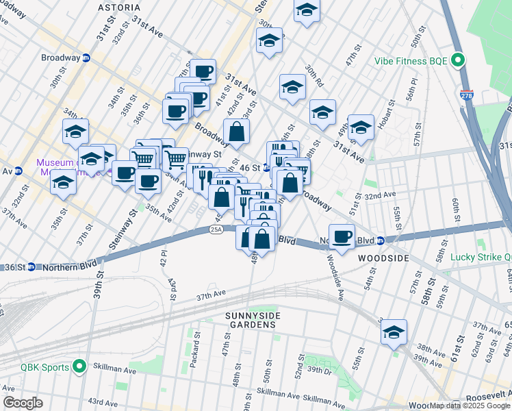 map of restaurants, bars, coffee shops, grocery stores, and more near 32-60 47th Street in Queens