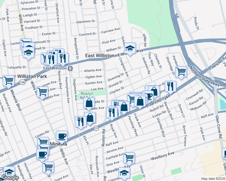map of restaurants, bars, coffee shops, grocery stores, and more near 100 Charles Street in Mineola