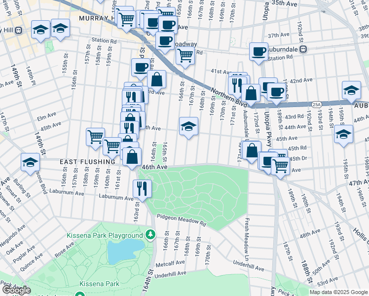map of restaurants, bars, coffee shops, grocery stores, and more near 45-36 167th Street in Queens