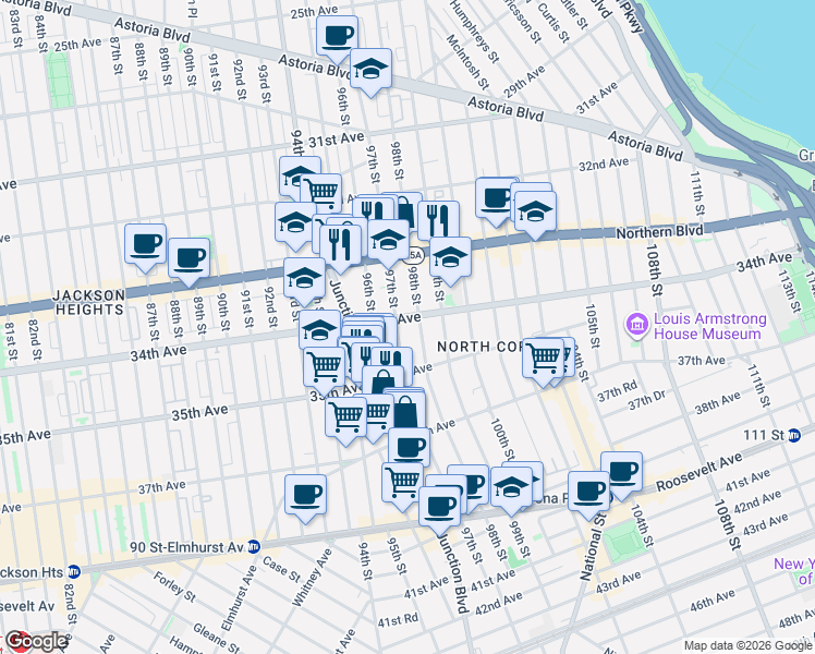 map of restaurants, bars, coffee shops, grocery stores, and more near 97-10 34th Avenue in Queens
