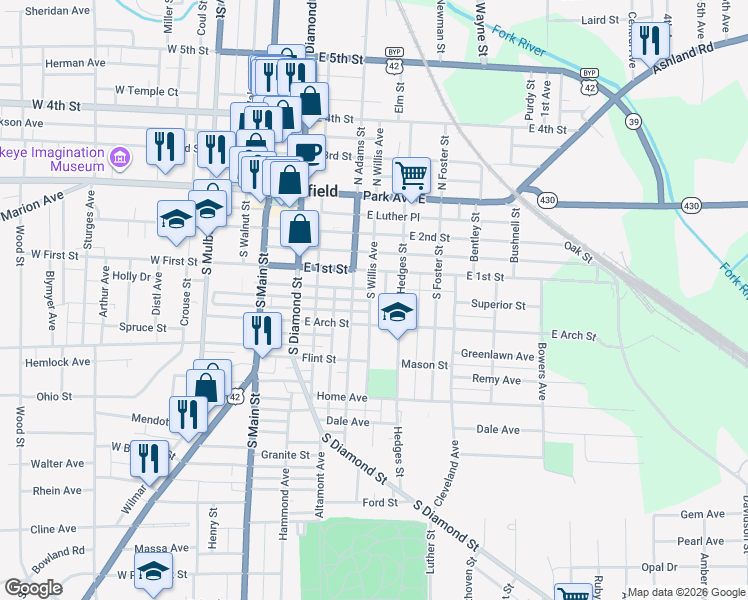 map of restaurants, bars, coffee shops, grocery stores, and more near 105-111 South Glenn Avenue in Mansfield