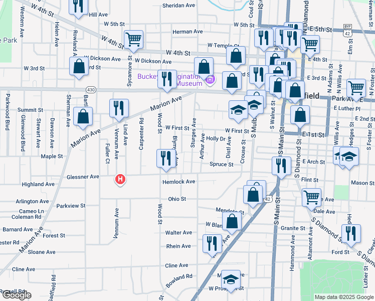 map of restaurants, bars, coffee shops, grocery stores, and more near 138 Sturges Avenue in Mansfield