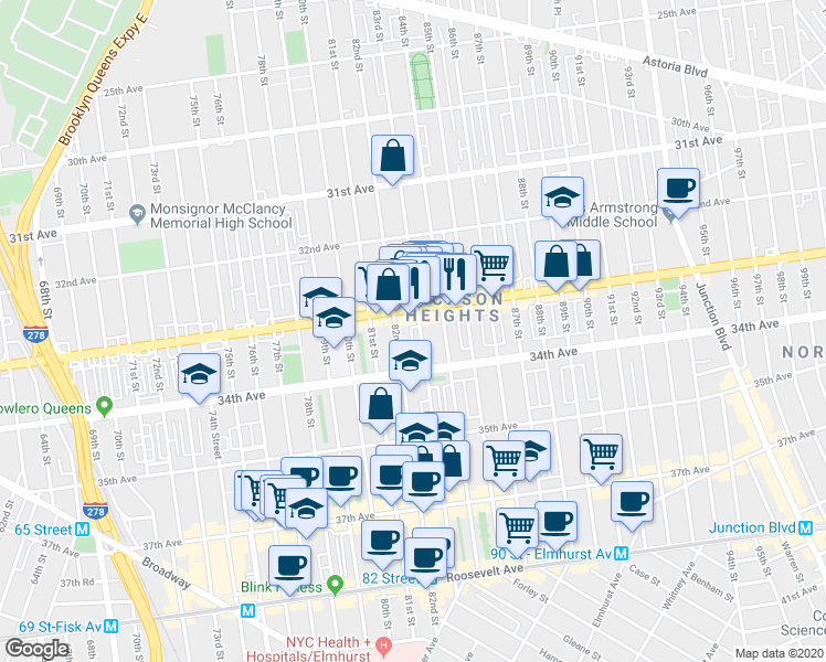 map of restaurants, bars, coffee shops, grocery stores, and more near 33-20 83rd Street in Queens