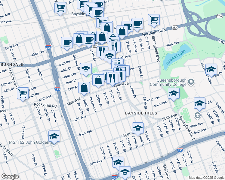 map of restaurants, bars, coffee shops, grocery stores, and more near 48-11 212th Street in Queens