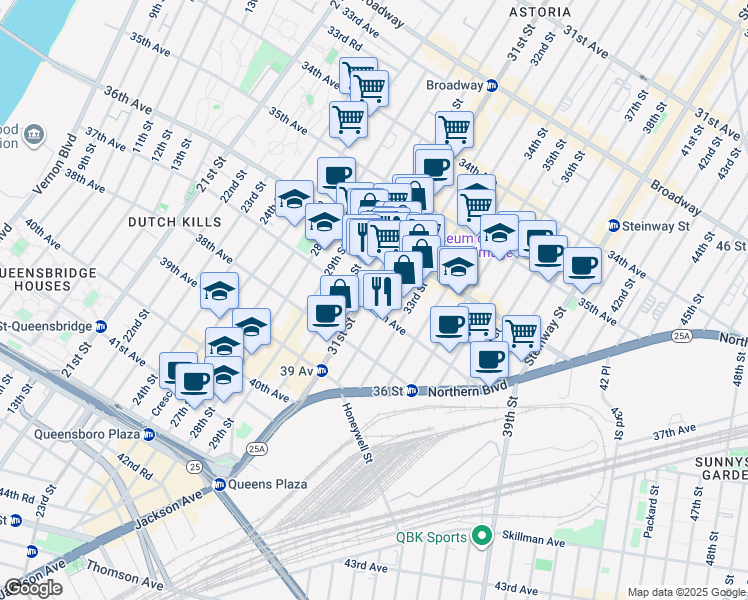 map of restaurants, bars, coffee shops, grocery stores, and more near 31-07 37th Avenue in Queens
