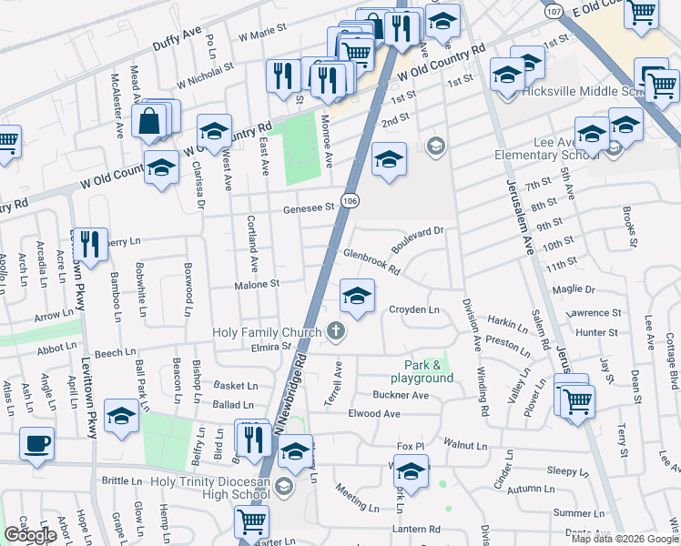 map of restaurants, bars, coffee shops, grocery stores, and more near 9 Bernadette Court in Hicksville