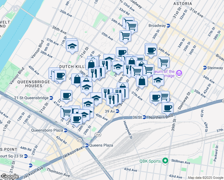 map of restaurants, bars, coffee shops, grocery stores, and more near 3734 29th Street in Queens