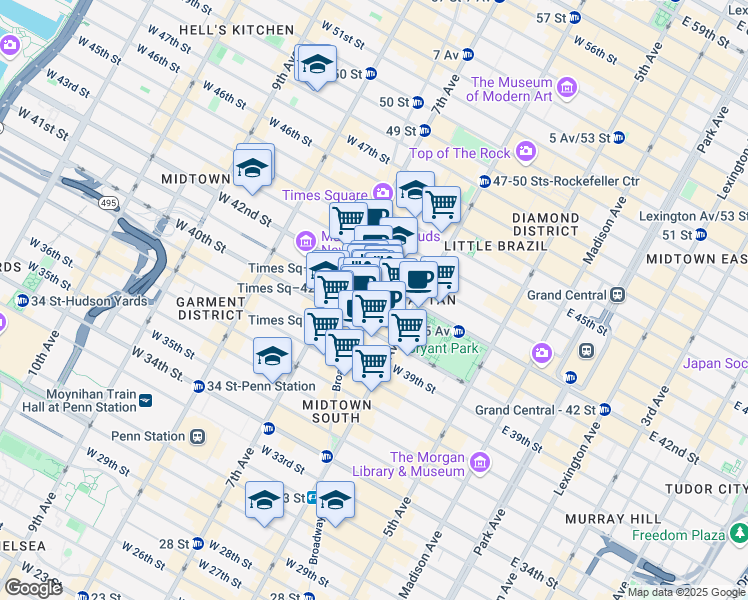map of restaurants, bars, coffee shops, grocery stores, and more near 141 West 41st Street in New York
