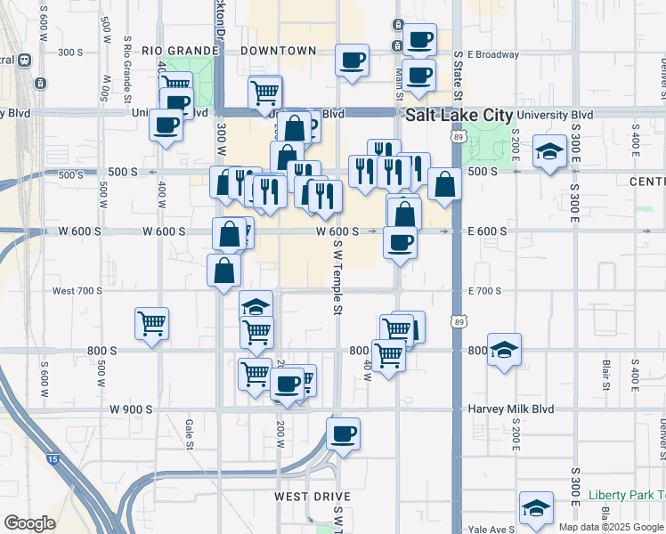 map of restaurants, bars, coffee shops, grocery stores, and more near 654 South West Temple Street in Salt Lake City