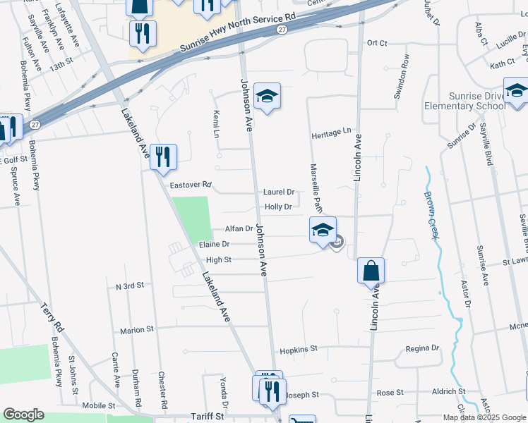 map of restaurants, bars, coffee shops, grocery stores, and more near 251 Johnson Avenue in Sayville