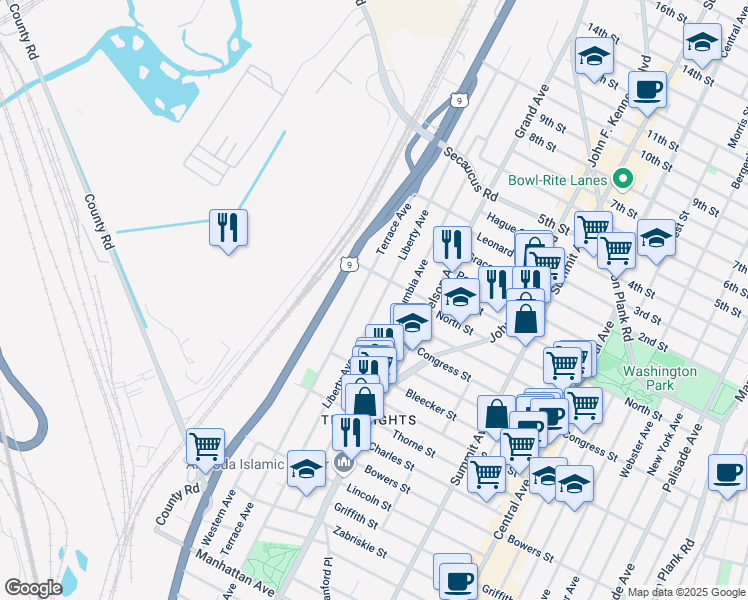 map of restaurants, bars, coffee shops, grocery stores, and more near in Jersey City