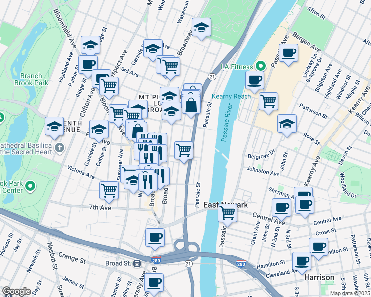 map of restaurants, bars, coffee shops, grocery stores, and more near 200 Mount Pleasant Avenue in Newark