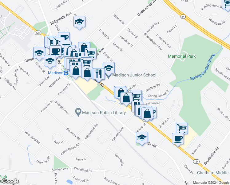 map of restaurants, bars, coffee shops, grocery stores, and more near 180 Main Street in Madison