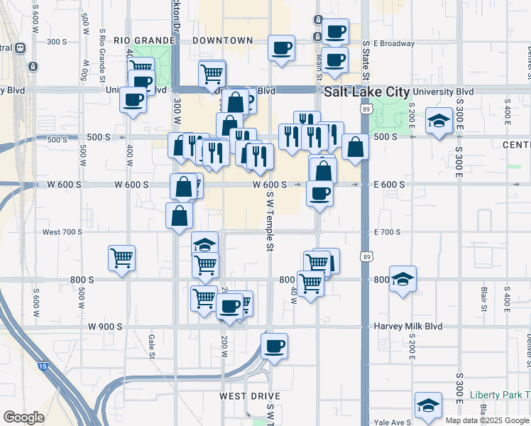 map of restaurants, bars, coffee shops, grocery stores, and more near 652 South West Temple in Salt Lake City