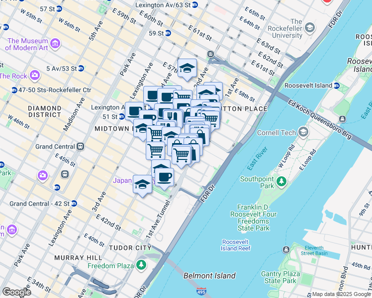 map of restaurants, bars, coffee shops, grocery stores, and more near 343 East 51st Street in New York
