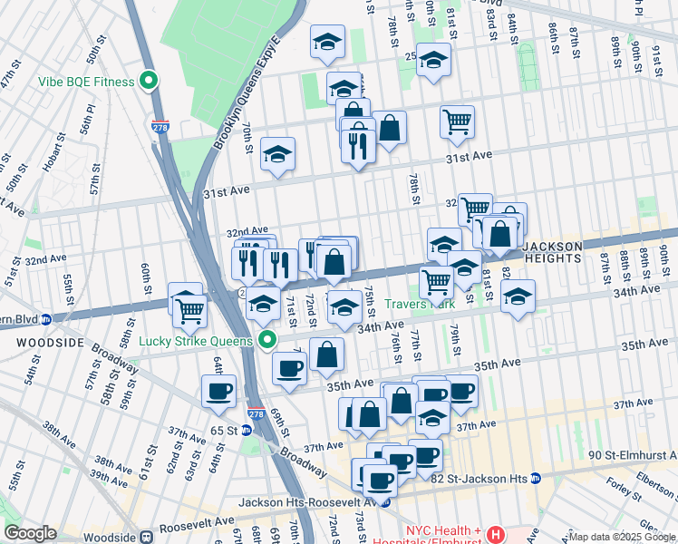 map of restaurants, bars, coffee shops, grocery stores, and more near 33-11 73rd Street in Queens